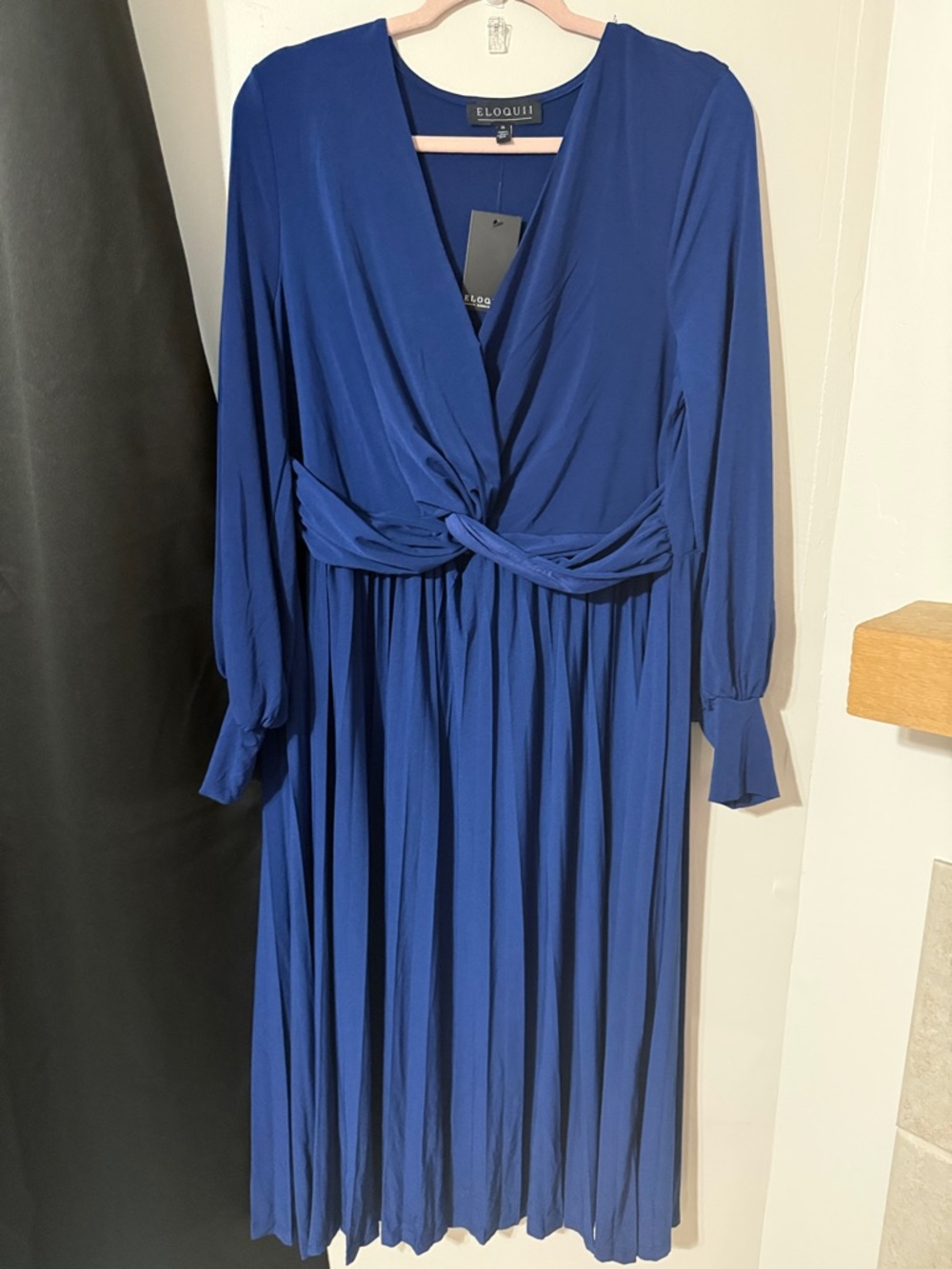 Eloquii Cobalt Blue Long Sleeve Twist-Front Pleated Midi Dress